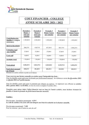 Coût financier collège 2021 2022  1 